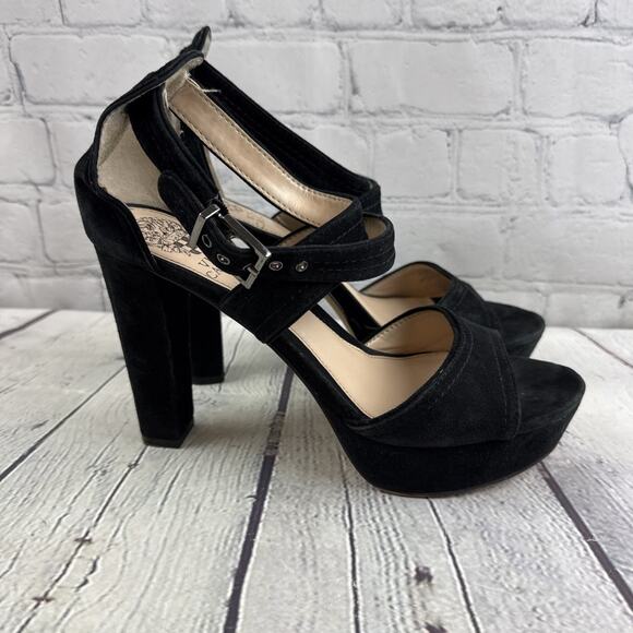 Vince Camuto‎ Sandals Womens 7.5 Black Suede Heeled Cross Strap Open Toe Shayla - Picture 5 of 9
